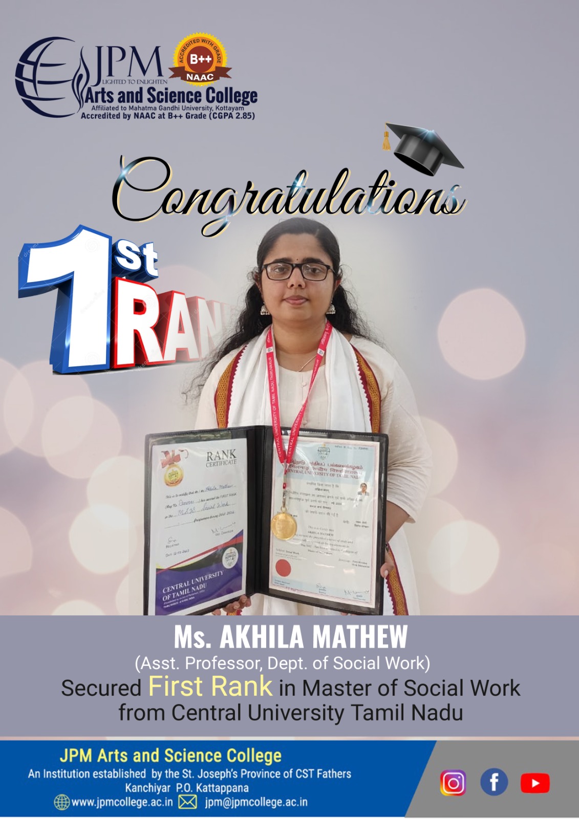 Congratulations Ms. Akhila Mathew, Asst. Professor Dept. of Social Work